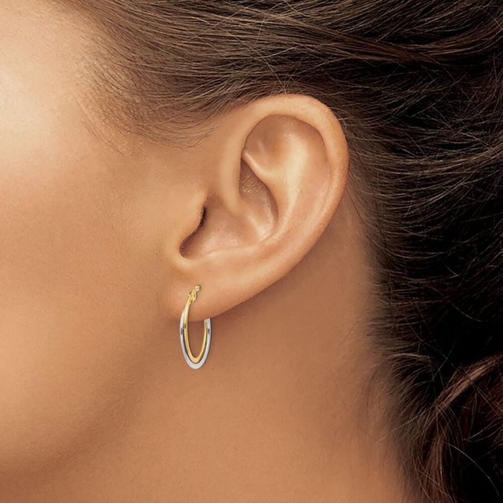 14K Gold Two Tone Polished Round Hoop Earrings - Picture 4 of 5